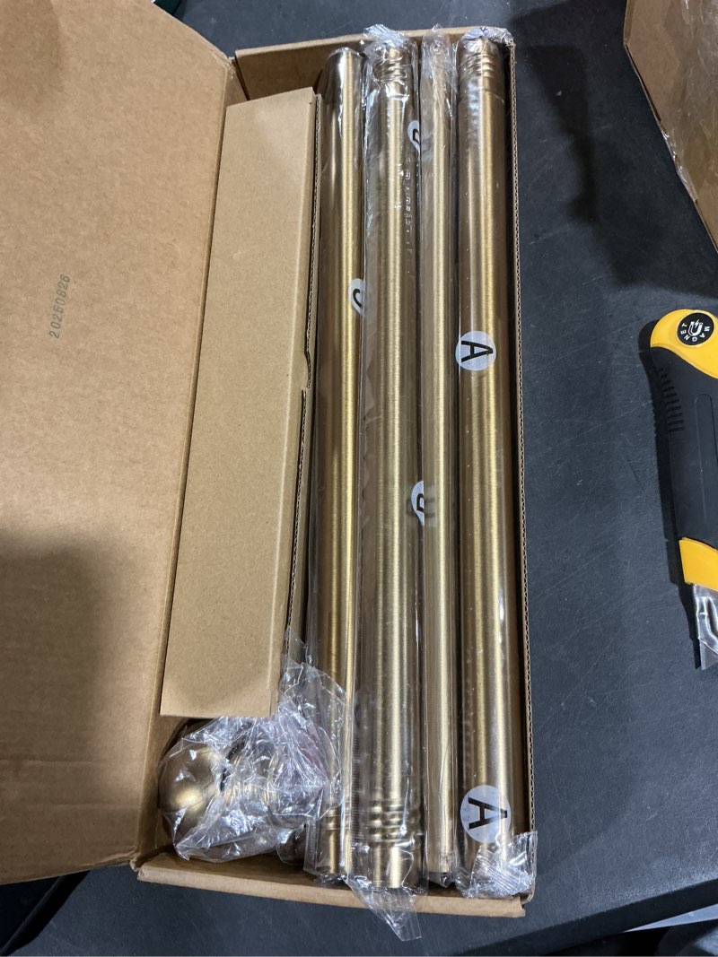 Condition photo showing New/Like New for Heavy Duty Curtain Rods for Windows 32 to 120 Inch, 1 Inch Brush Gold Curtain Rods Adjustable and Easy Installation, Decorative Long Curtains Rod with Elegance Design (W9,Gold,32-120") Gold 32"-120"(1"Diameter)