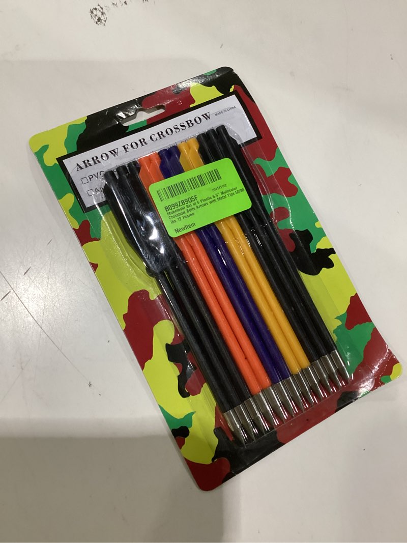 Condition photo showing New/Like New for set of 5 plastic 6.5” multicolor crossbow bolts arrows with metal tips 50/80 lbs 12 pcs/ea