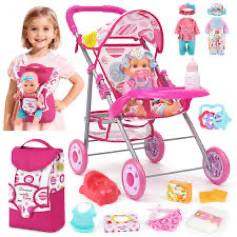Baby Doll Stroller Set with 12.5" Doll, Baby Dining Table, Backpack with Carrier, 21 PCS Baby Doll A