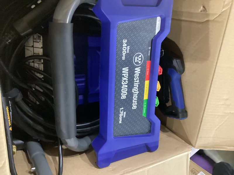 Condition photo showing As Is for not tested ***westinghouse wpx3400e electric pressure washer, 3400 max psi and 2.0 max gpm, brushless motor, onboard soap tank, spray gun and wand, 5 nozzle set, for cars/fences/driveways/homes/patios/furniture