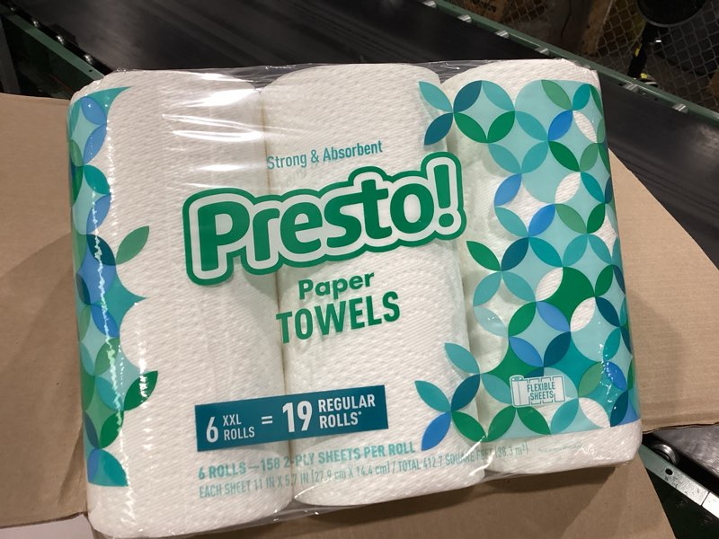 Condition photo showing New/Like New for amazon brand - presto! flex-a-size paper towels, 158 sheet huge roll, 12 rolls (2 packs of 6), equivalent to 38 regular rolls, white 6 count (pack of 2) white