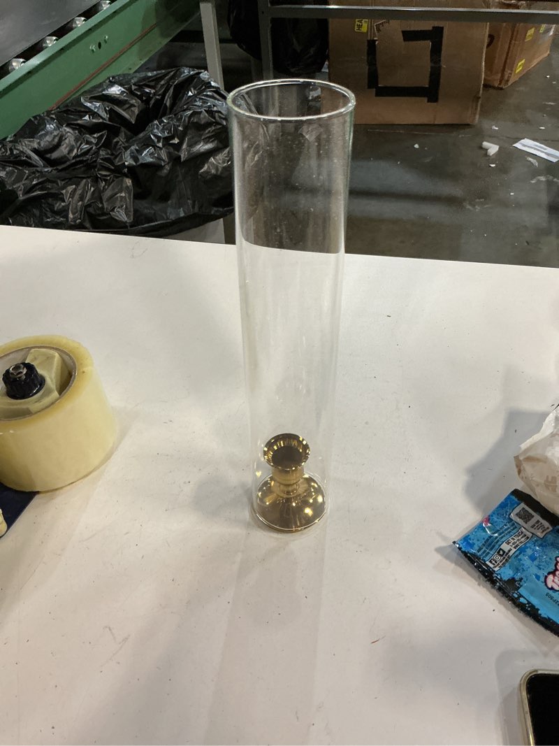 Condition photo showing New/Like New for 12 set glass hurricane candle holders 11.8" open ended glass candleholder tube shape bottomless and 1.3" taper candlestick holders for wedding party table centerpiece (gold) gold 12