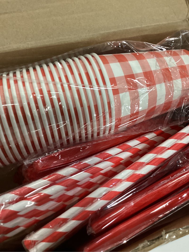 Condition photo showing New/Like New for funnymoom 452 pcs red gingham party supplies for 50, red and white gingham checkered paper plates napkins cups tablecloth cutlery straws for birthday family picnic camping barbecue party decoration red/white gingham