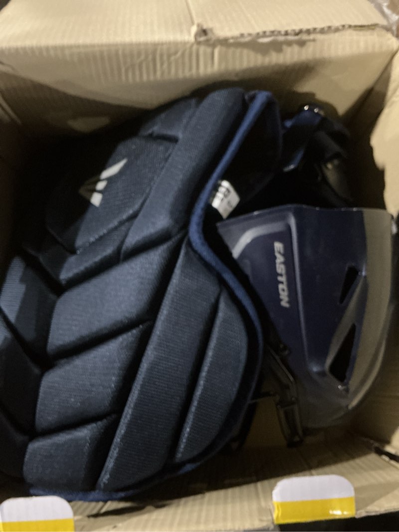 Condition photo showing Good Condition for (Similar to) Easton | Black Magic 3.0 Youth Baseball Catcher Gear Set | Helmet, Chest Protector & Leg Guards Black Camo Large Ages 9-12 Black/Camo Large