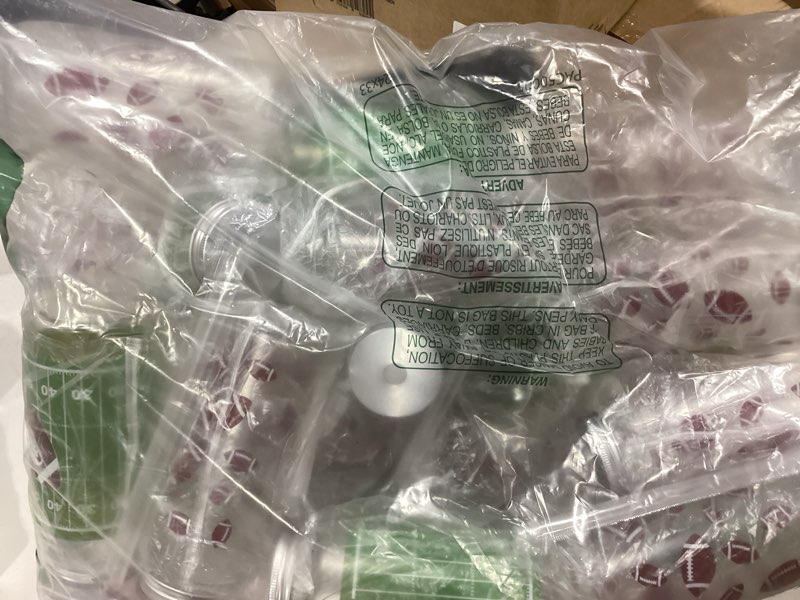 Condition photo showing As Is for Maxdot 24 Pack 14.2 OZ Football Plastic Cups with Lid and Straw Bulk Football Cup with Lid and Straw Clear Reusable Plastic Juice Bottles Tumbler for Sport Themed Party Favors Birthday Team Gifts 14.2 oz Football 24