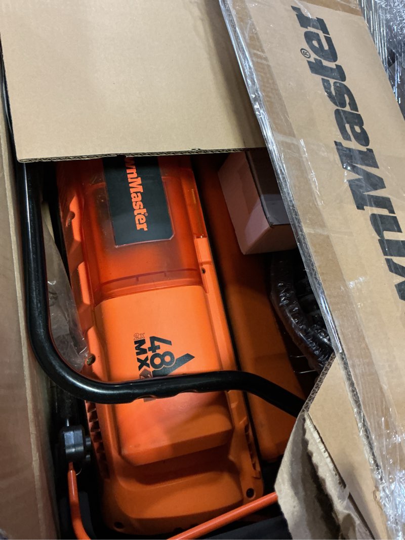 Condition photo showing As Is for lawnmaster 48v max brushless 16” cordless scarifier & dethatcher with removable thatch collection bag quick-fold – clgvb4816 cordless 16-inch