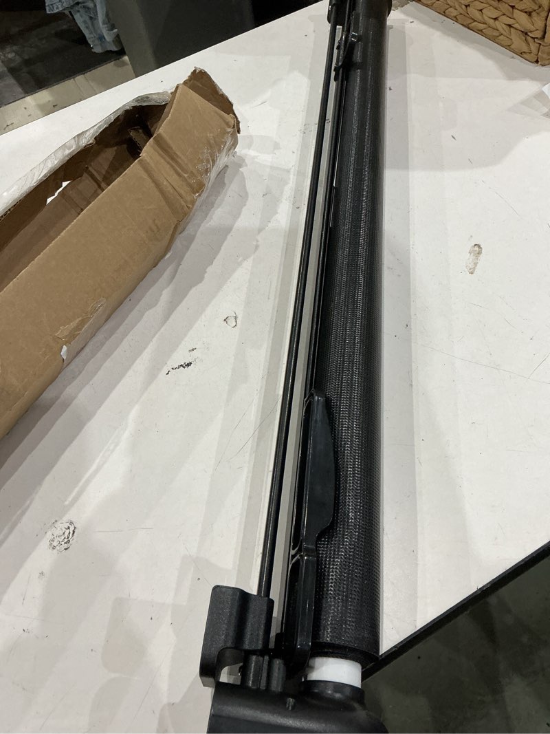 Condition photo showing As Is for retractable baby gate, 55" wide mesh baby gate with 4 reinforced rods, 34" tall anti-sagging dog gate, prevents kids & dogs from crawling under, for stairways, hallways & patios, black black 34" tall x 55" wide