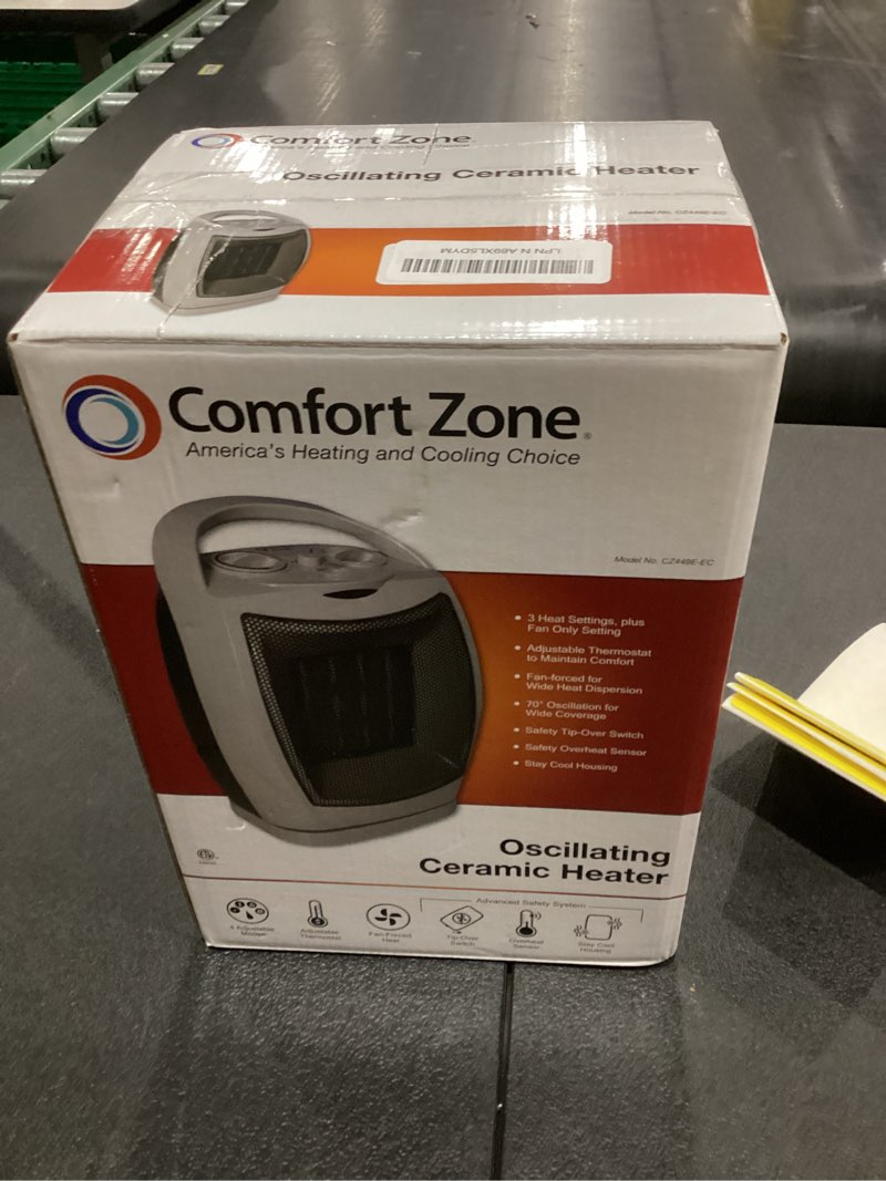 Condition photo showing New/Like New for Comfort Zone Oscillating Indoor Space Heater, Portable, Ceramic, Electric, Energy-Efficient, Adjustable Thermostat, Tip-Over Switch, Overheat Protection, Ideal for Home, Bedroom, Office, 1500W, CZ449E Gray 750/1,500-Watt
