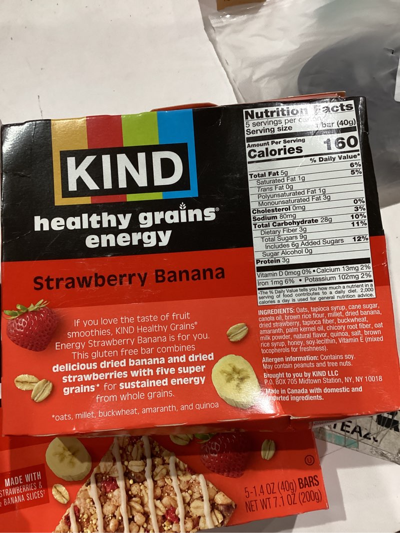 Condition photo showing As Is for KIND Healthy Grains Energy Bars, Strawberry Banana, 19g Whole Grains, Made with Super Grains, Gluten Free Snacks, 5 Ct, 7.1oz Strawberry Banana 5