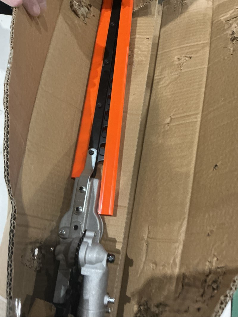Condition photo showing As Is for hedge trimmer attachment, 16 inch universal design, 270° rotation capability dual-direction structure, compatible with husqvarna, troy-belt, remington gasoline trimmers, 3-year warranty