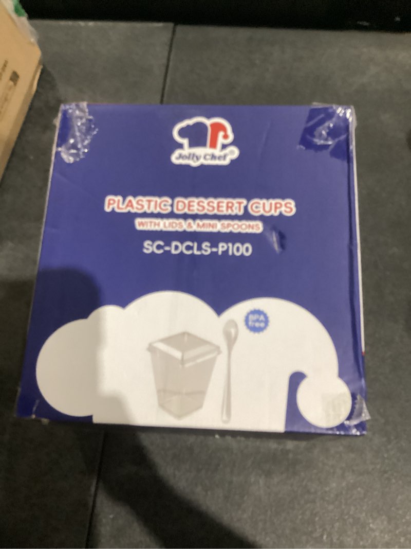 Condition photo showing New/Like New for JOLLY CHEF 100 Pack 5 oz Plastic Dessert Cups with Lids and Spoons, Clear Appetizer Cups for Parties, Disposable Square Dessert Shooter for Pudding Fruit Ice Cream 5oz-100pack