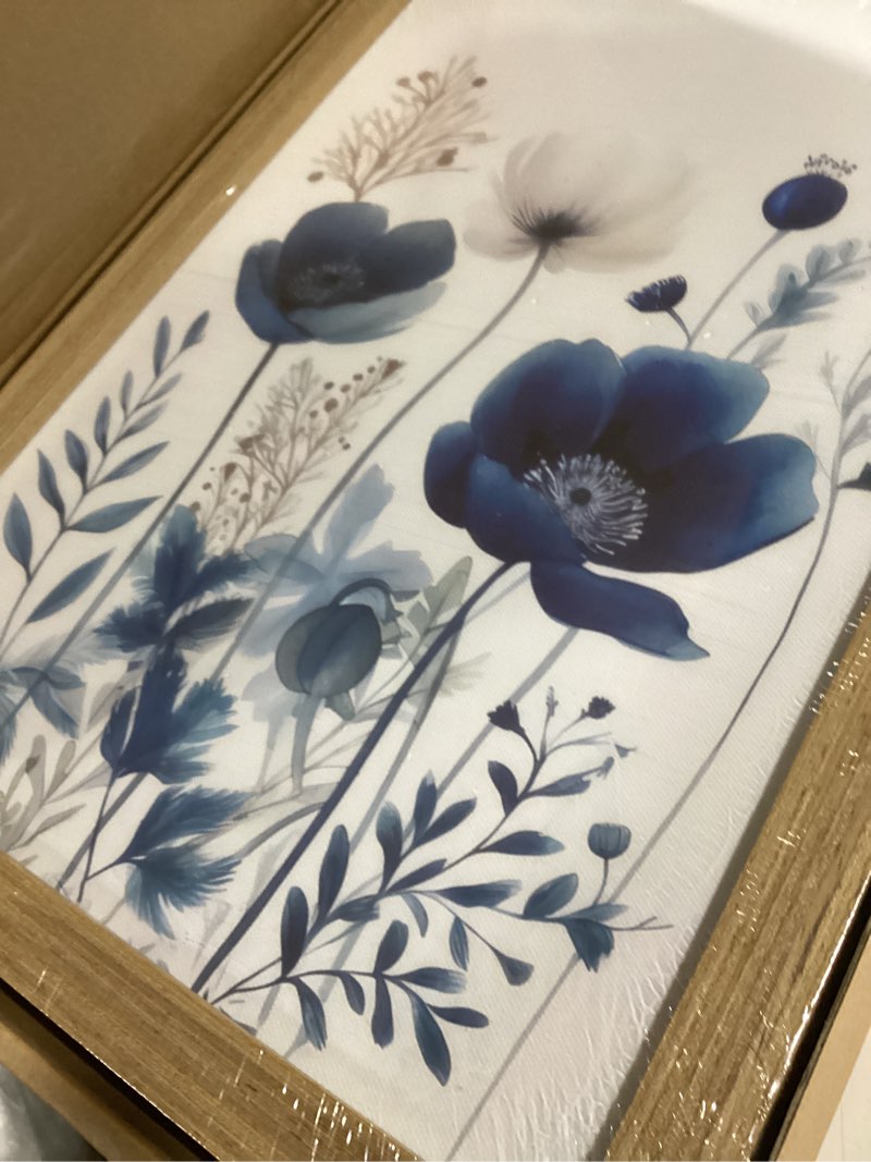 Condition photo showing New/Like New for duwqu 3 pcs blue floral canvas wall art, wood framed navy blue wildflower lily daisy wall decor, watercolor botanical flower home poster art prints for living room bedroom bathroom 12×16 inches 16"l x 12"w blue flower (framed)