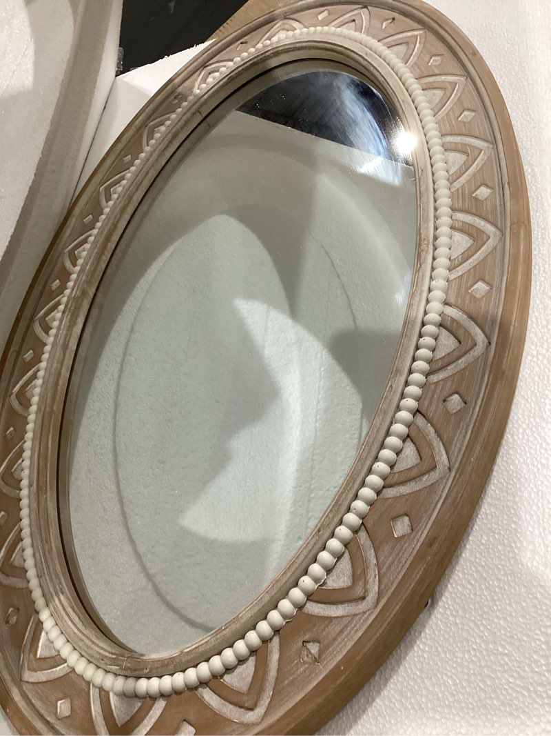 Condition photo showing Good Condition for ovalcrest oval beveled wall mirror for home decor - santa fe style - antique white - 22x26 outside dimensions 26"l x 22"w antique white