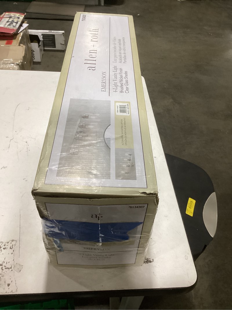 Condition photo showing Good Condition for allen + roth Emeryson 24.5-in 4 Light Brushed Nickel Transitional Bathroom Vanity light