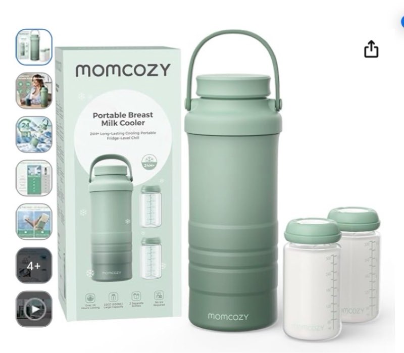 momcozy 22oz portable breast milk cooler for outdoor, life saver with 360° total cooling for 24 hours, larger capacity travel breastmilk chiller with 2pcs baby bottles for breastmilk storage