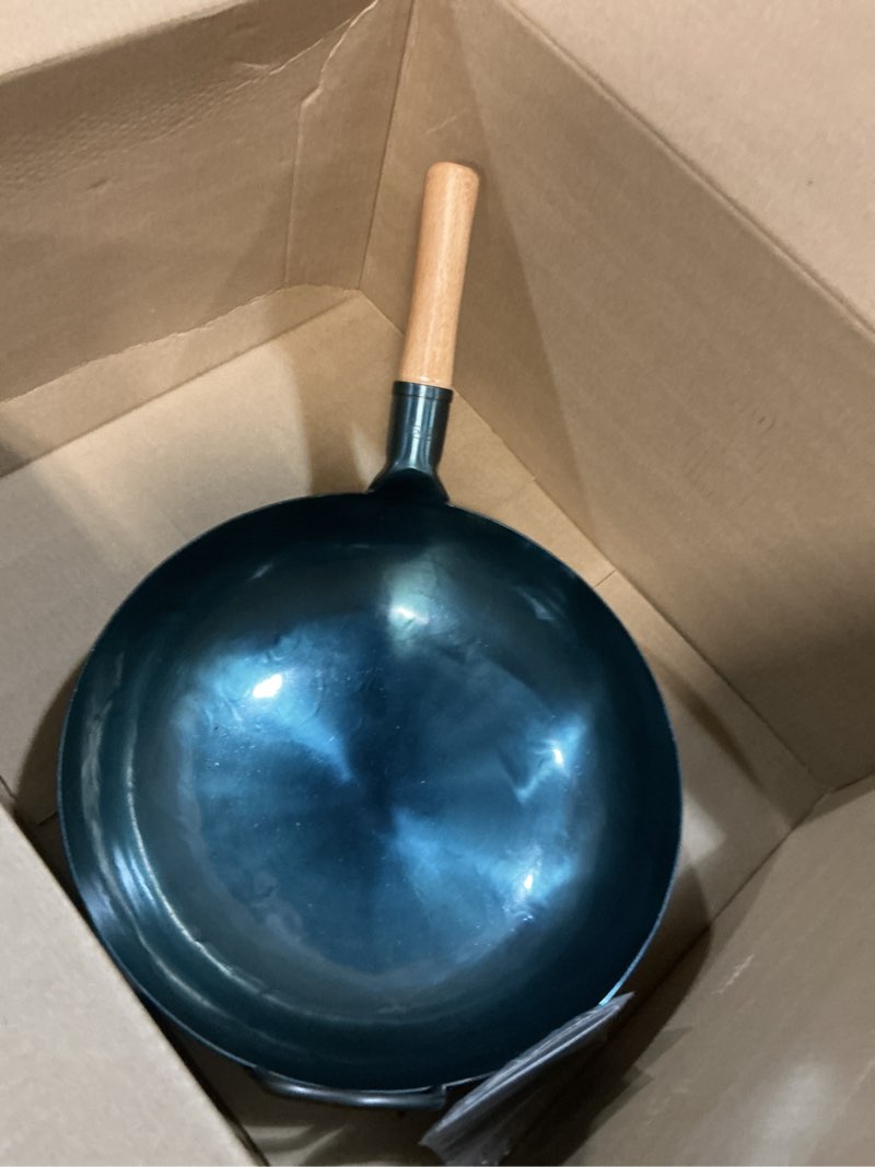 Condition photo showing As Is for yosukata 13.5” blue carbon steel wok pan – pre-seasoned flat bottom wok compatible with open fire, gas, electric, ceramic, induction cooktops -traditional chinese pan for stir fry, bbq, grill, camping 13.5 inches blue
