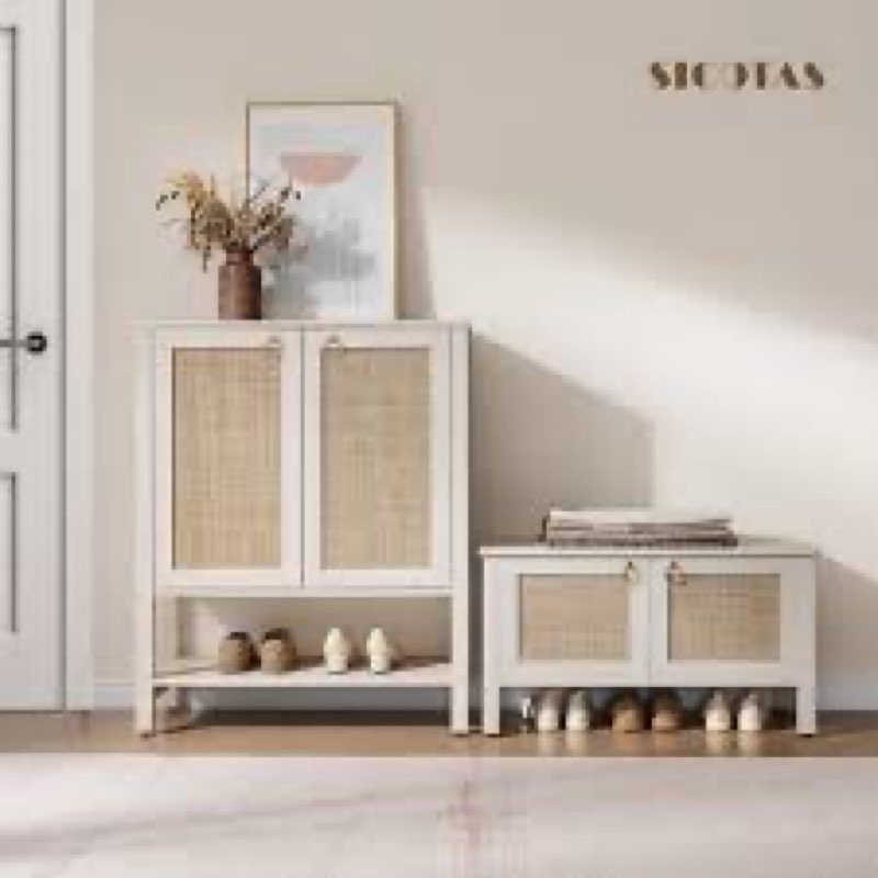 sicotas rattan shoe rack bench with lift top storage: white farmhouse boho shoe cabinet entryway ben