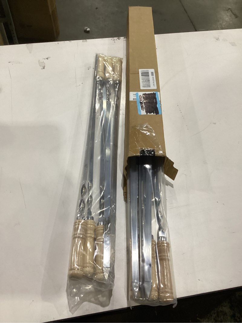 Condition photo showing Good Condition for 12 pack kebab skewers bbq barbecue skewers stainless steel sticks 23.5 inch heavy duty large wide reusable with nonslip ring handle ideal for shish kabob chicken shrimp angd vegetables