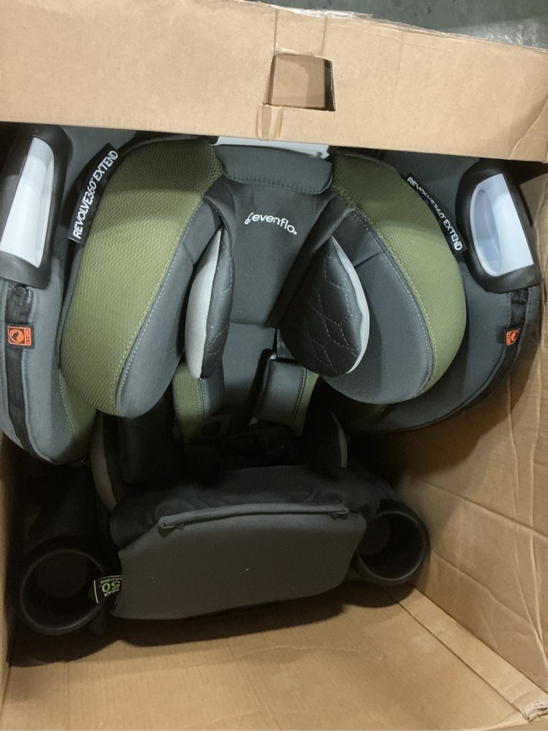 Condition photo showing As Is for evenflo revolve360 extend convertible car seat with 360 degree rotation, extended rear-facing, forward-facing, booster mode, and secure latch install, rockland green