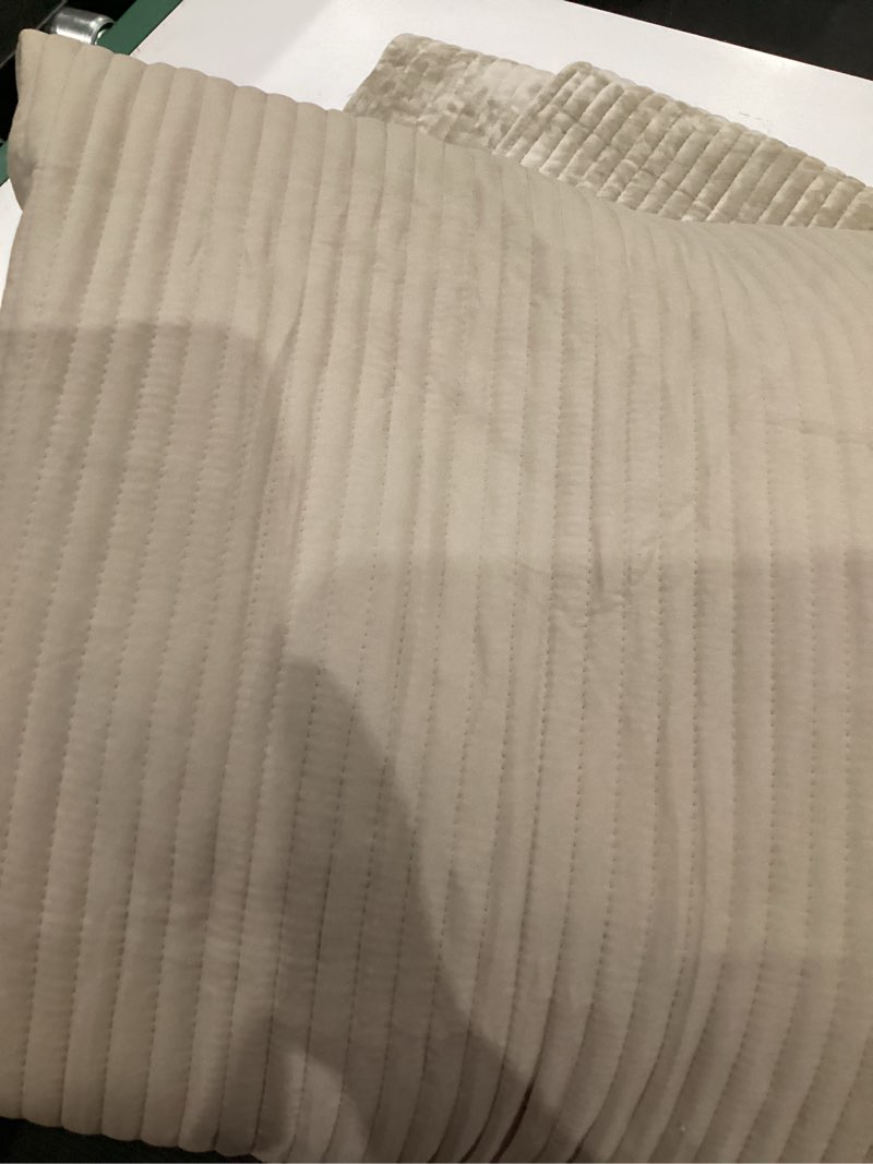 Condition photo showing As Is for evergrace velvet quilt set king size, luxurious soft quilted bedding sets, lightweight velvet comforter for all season, striped channel bedspread coverlet with 2 shams, urban taupe king channel urban taupe (light sheen)