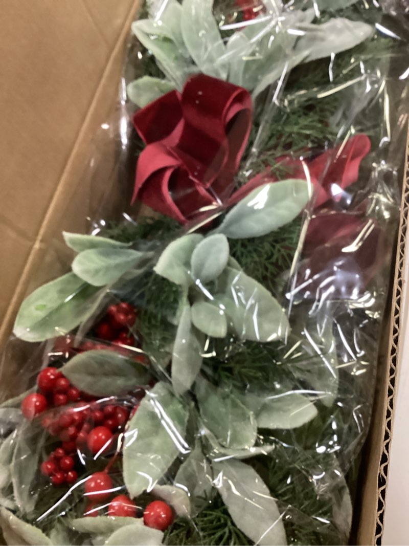 Condition photo showing Good Condition for 31.5" Christmas Swag for Front Door Rustic Velvet Bow Christmas Centerpiece with Berries for Indoor Outdoor Decor(Norfolk Pine,Green) Green Norfolk Pine