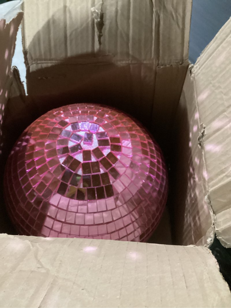 Condition photo showing Good Condition for Pink Christmas Tree Topper 8 Inch Mirror Disco Ball Tree Topper, Cool and Fun Disco Ball for Xmas Tree Decorations, Ideal for DJ Club, Party, Wedding and Home Décor Pink 8 inch