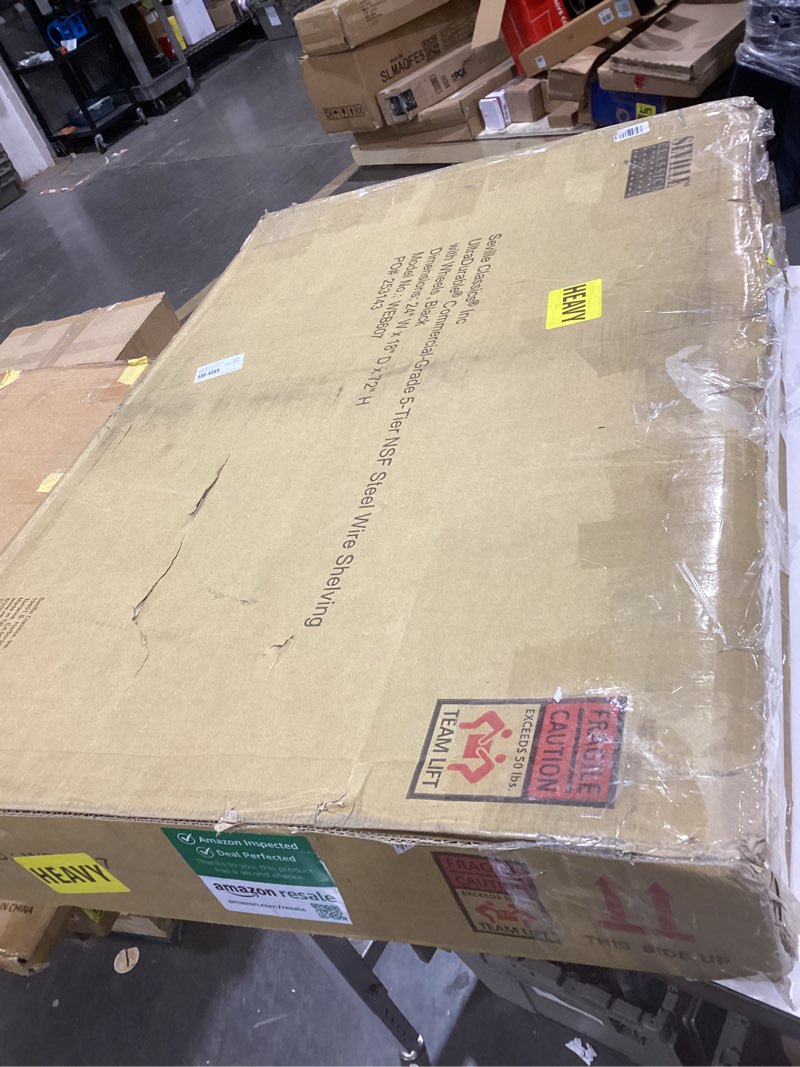 Condition photo showing As Is for seville classics ultradurable heavy duty nsf solid steel wire rack storage unit, organizer for garage, warehouse, office, restaurant, classroom, kitchen, black, 5-tier shelving, 24" w x 18" d black 5-tier shelving, 24" w x 18" d