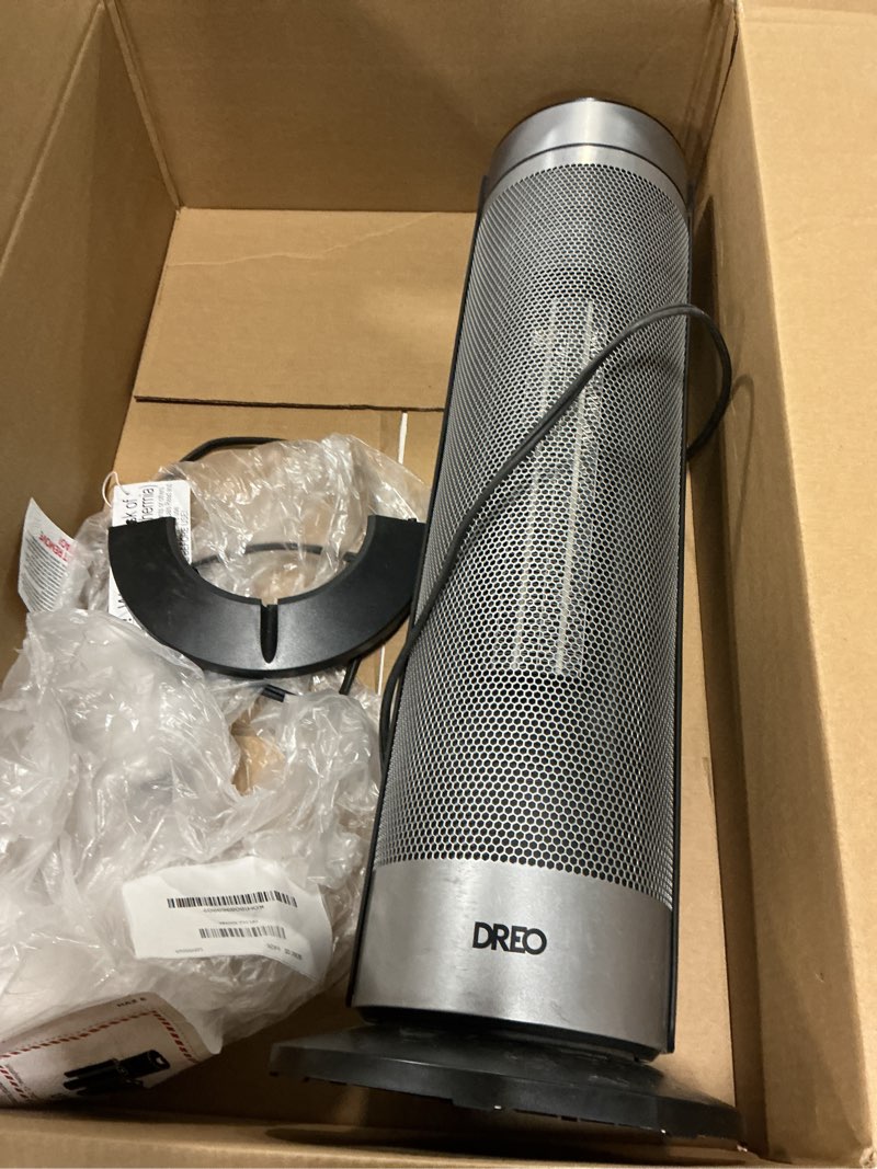 Condition photo showing As Is for Dreo 1500W Solaris 818 Oscillating Ceramic 30" Indoor Space Heater for Home or Large Bedroom with Remote Control Silver: ETL Listed, 9 Settings