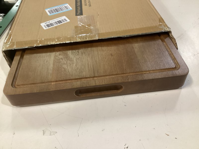 Condition photo showing Good Condition for 20 Inch Large Acacia Wood Cutting Board 1.5" Thick, Reversible Wooden Cutting Board for Kitchen, Charcuterie Board Cheese Board with Deep Groove, Chopping Board for Meat, Vegetables, Fruit 20"L x 15"W