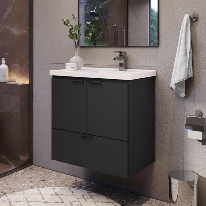 cozimax vanity soul 24\" floating bathroom vanity and cultured marble sink with soft close door (black)