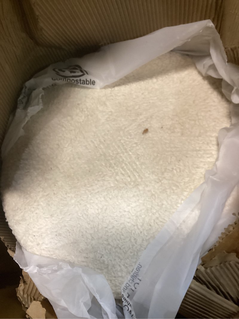 Condition photo showing Good Condition for bloomingville round sherpa upholstered pouf with pine wood feet, cream and natural