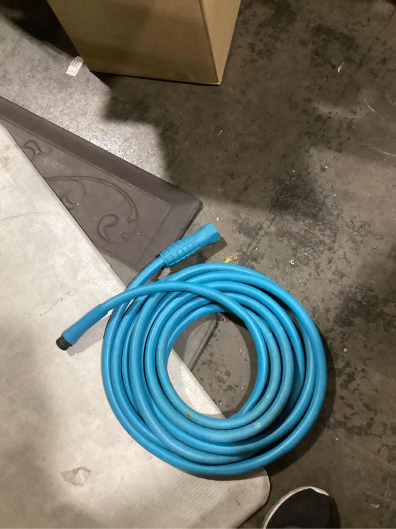 Condition photo showing As Is for (no sprayer)garden hose heavy duty water hose flexible, lightweight, non expandable, kink resistant, easy connect fittings blue