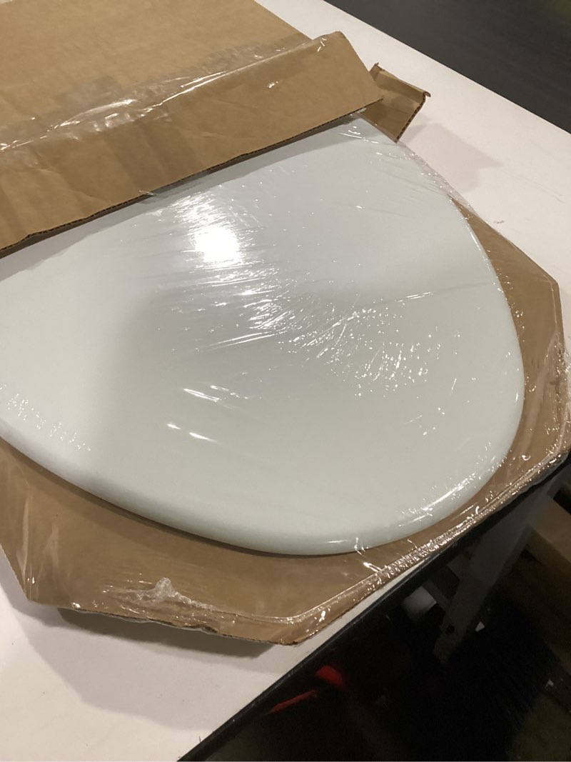 Condition photo showing New/Like New for church toilet seat, easy clean hinges release for deep cleans, durable enameled wood seat, elongated, white