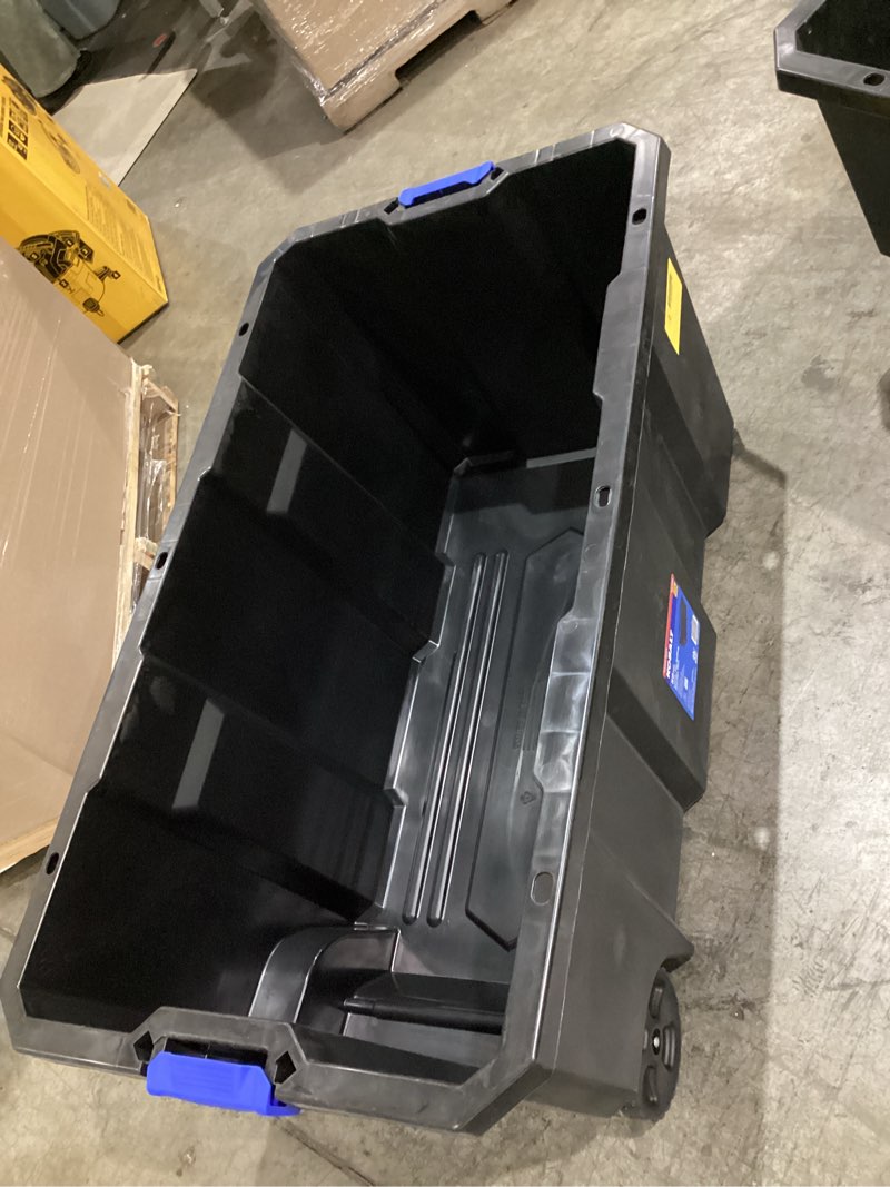 Condition photo showing As Is for kobalt x-large 50 -gallons ( 200 -quarts ) black heavy duty rolling stackable tote with latching lid