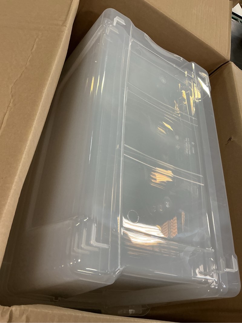 Condition photo showing As Is for IRIS USA 72 Qt Stackable Plastic Storage Bins with Lids, 4 Pack - BPA-Free, Made in USA - See-Through Organizing Solution, Latches, Durable Nestable Containers, Secure Pull Handle - Clear Clear 72 Qt 4 Pack