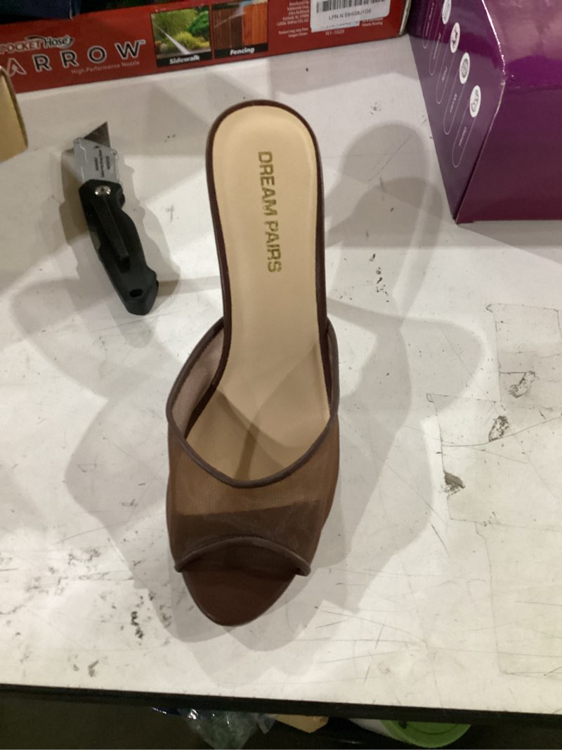 Condition photo showing Good Condition for dream pairs women's peep toe mule heel sandal | chic sexy 3.94 inch high heels,stiletto open round peep toe mules, slip on dress shoes, for party dressy prom wedding 8.5 brown