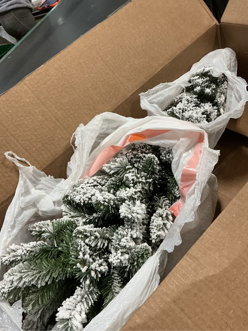 Condition photo showing Good Condition for National Tree Company 3 ft Pre-Lit Flocked Downswept Forestree Mini Artificial Christmas Tree,50 Clear Lights, 198 Tips, Metal Plate Base, Green 3ft Tree