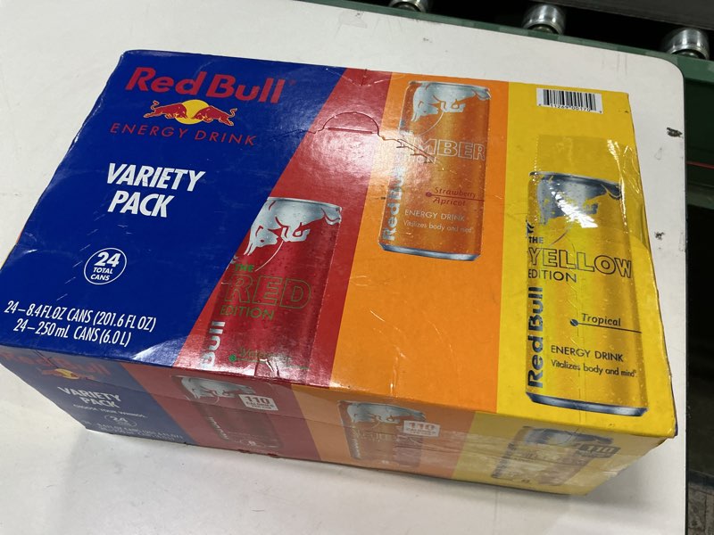 Condition photo showing New/Like New for  ( BBD :02 /19 /26 ) Red Bull Energy Drink Variety Pack, Red Bull Red, Yellow, and Amber Edition and Energy Drinks, 8.4 Fl Oz, 24 pack Cans Variety 8.4 oz., 24pk, (1x24)