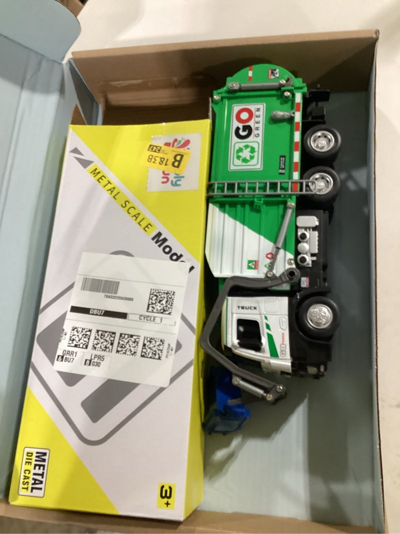 Condition photo showing Good Condition for holyfun 12'' electric garbage truck set with front loader/metal cab, friction-powered recycling vehicle with dumpster, 4 trash bins & sorting cards, trash truck toy with lights/sounds for kids