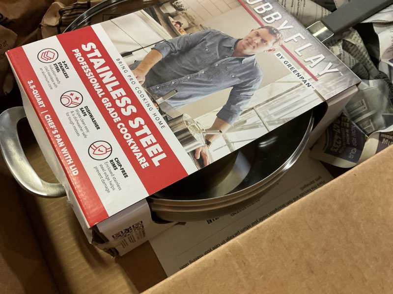 Condition photo showing Good Condition for GreenPan x Bobby Flay Stainless Steel 3.75QT Saucepan & Glass Lid, Professional Grade Tri-Ply Chefs Pan, Multiclad, Induction Suitable, Dishwasher & Oven Safe, Stay Cool Silicone Handle,Chip Free Rims 3.75QT Saucepan with Lid Stainless Steel