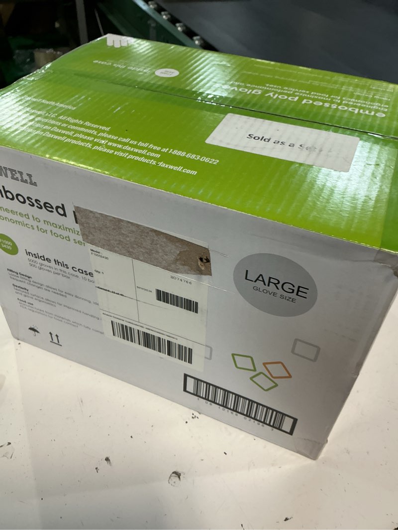 Condition photo showing New/Like New for daxwell poly gloves, embossed, large, clear, f10003430 (case of 5,000; 10 boxes of 500)