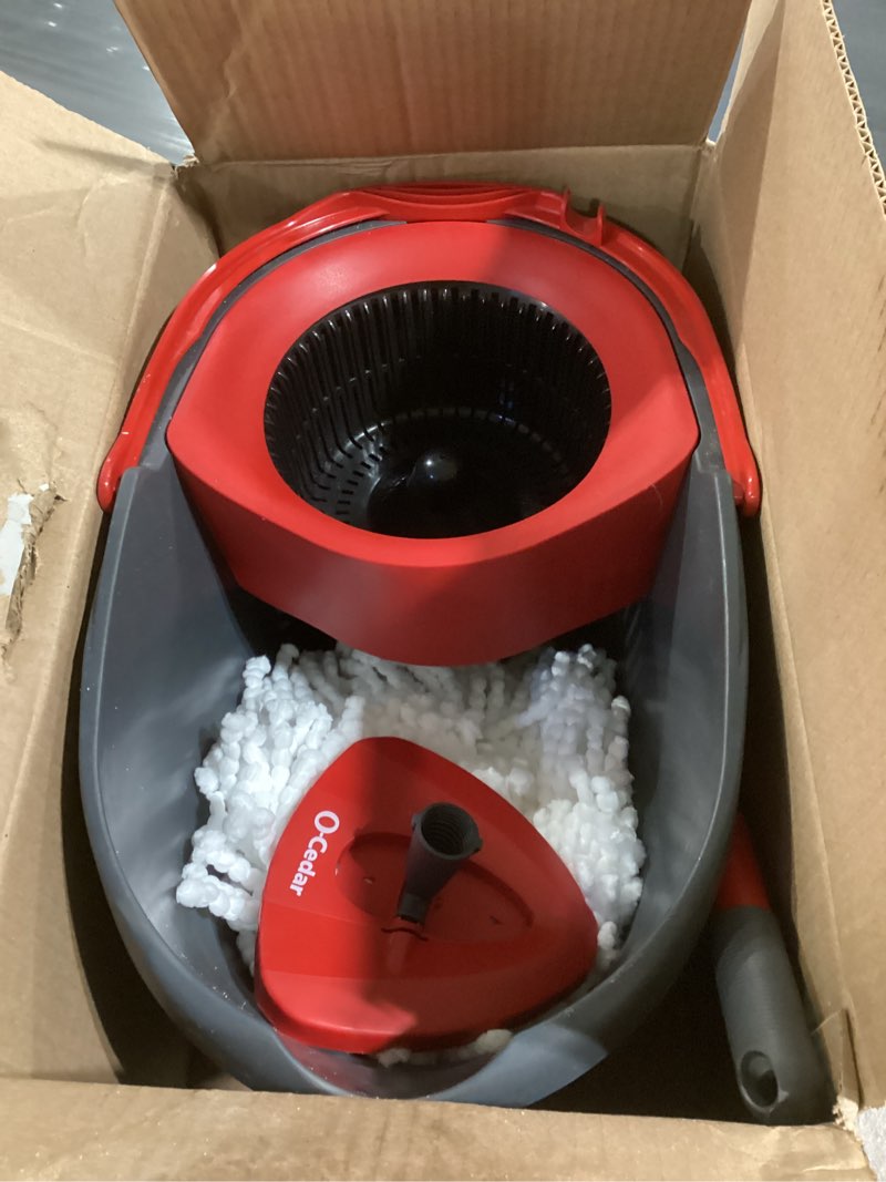 Condition photo showing As Is for O-Cedar EasyWring Microfiber Spin Mop & Bucket Floor Cleaning System + 2 Extra Refills, Red/Gray Spin Mop & Bucket with 2 Extra Refills