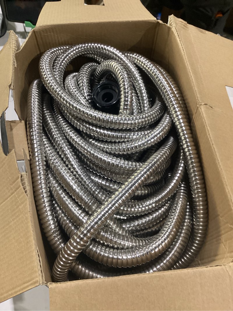 Condition photo showing Good Condition for bionic steel 100 ft metal garden hose with sprayer nozzle, non kinking designed stainless steel heavy duty water hose 100 ft x 5/8 in. flexible non expandable for uninterrupted water flow, 500 psi 100'
