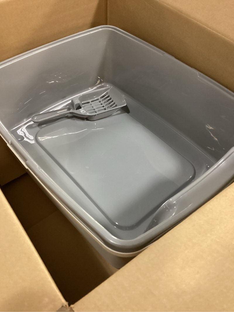 Condition photo showing Good Condition for Amazon Basics Large Cat Litter Box with High Sides, Open Top, Includes Scoop, 19 x 15 x 11.75 inches, Grey/Beige