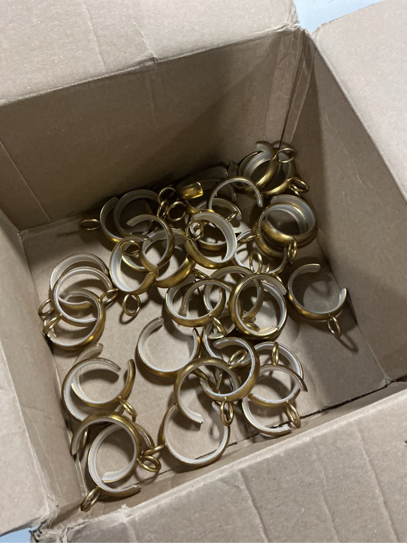 Condition photo showing As Is for twopages 40 pack 2\" gold c shaped iron bypass curtain rings with eyelet | seamless glide over center brackets, smooth & silent sliding, heavy duty iron, rust resistant metal, fits 1.25\" rods burnished brass