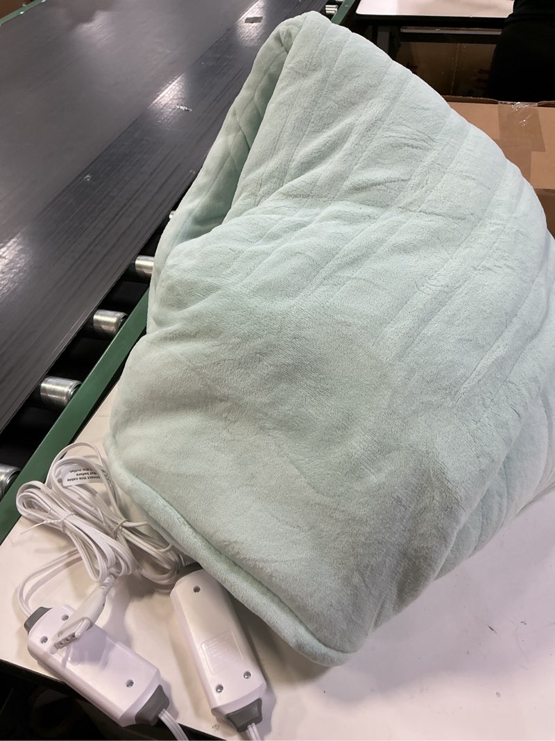 Condition photo showing As Is for Electric Heated Blanket King Size 90"x100" - Dual-Sided with Microplush & Sherpa Fabric, 4 Heat Settings & 10 Hours Auto Off, Dual Controller, Machine Washable - Light Green 04-onsen Green King(90"x100")