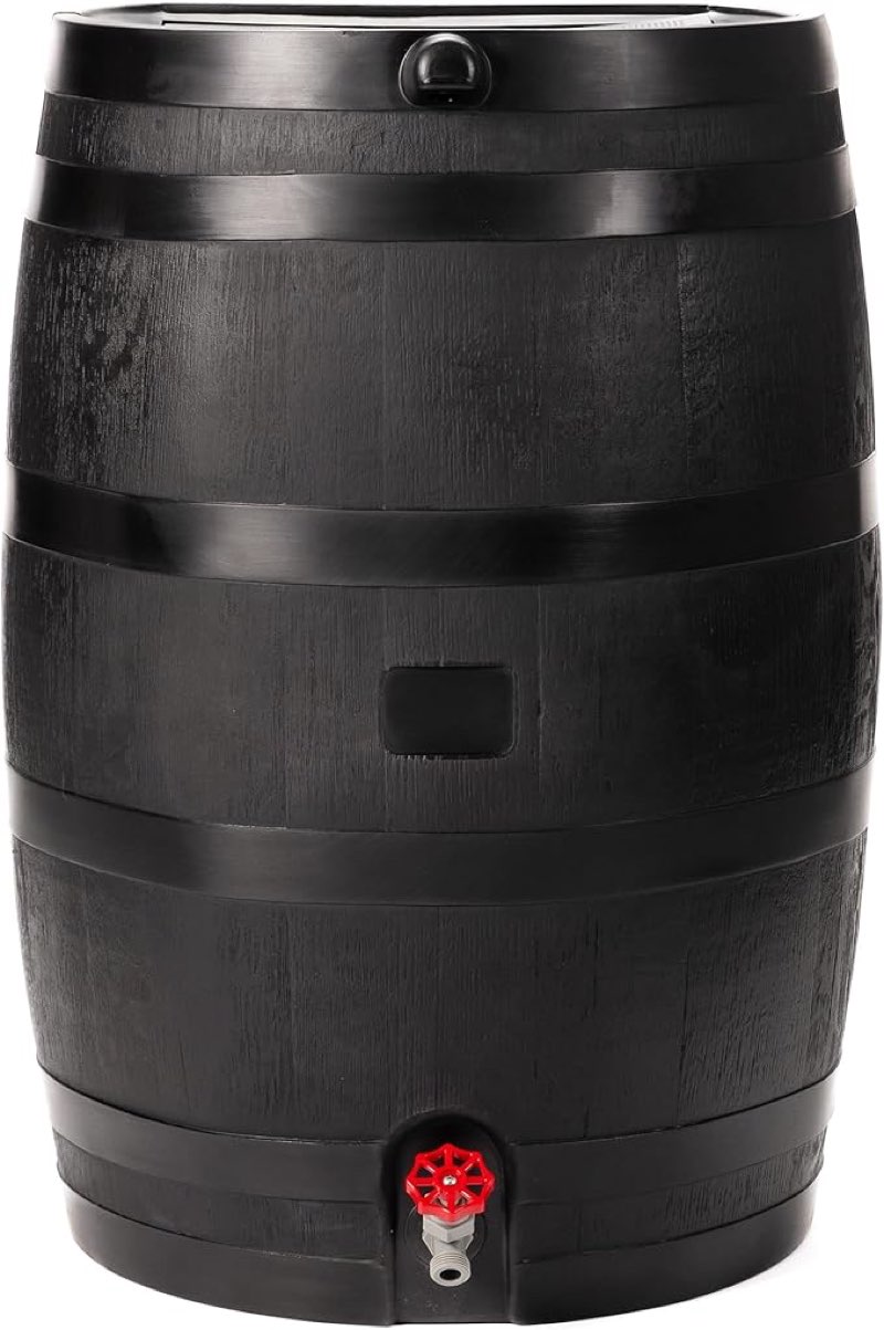 rts home accents 50-gallon eco rain barrel made with 100% recycled plastic, flat back rain water collection barrel, black