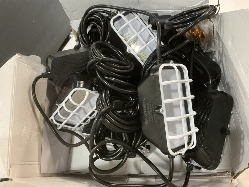 Condition photo showing Good Condition for 100ft led construction string lights, 150w super bright 15000lm plug in linkable string work lights, 5000k waterproof ip67 temporary lighting for construction sites, jobsites, indoor & outdoor 100ft-150w