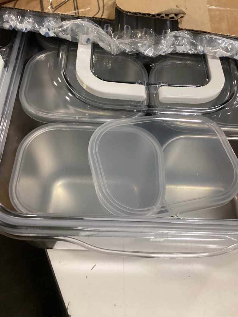 Condition photo showing New/Like New for snackle box container, stainless steel divided serving tray with lid and handle, large snack tray for fruit veggie candy, 8-compartment snack platter for travel party beach picnic 8 compartment(13.38"l x 9.25"w x 3.54"h) silver
