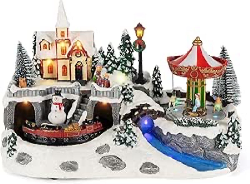 Animated Christmas Village Scene with LED Lights & Music Battery Operated Resin Christmas Building Collectibles Figurines with Rotating Train Carousel Gifts Festive Holiday Tabletop Decor